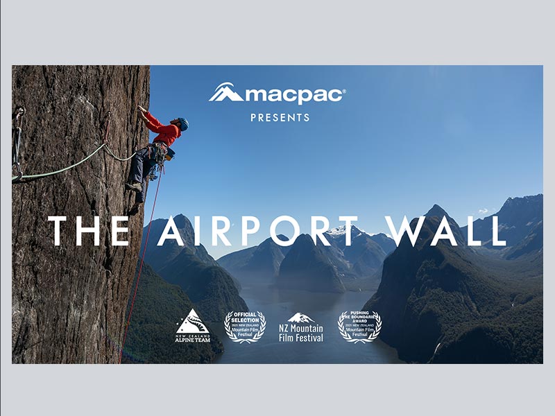 Thumbnail of Airport Wall film showing Dan Joll rock climbing the Mile High Club in Milford Sound, New Zealand