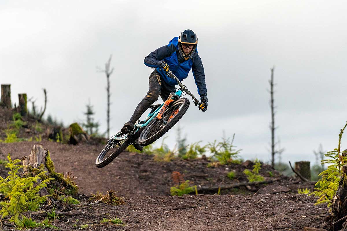 Mountain biker jumping on skyline trail in the Ballyhoura mountains, Ireland