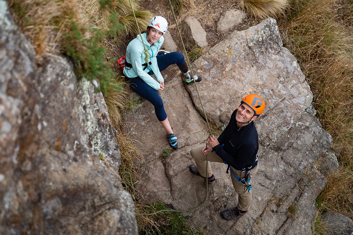 Rachel Maia and Nick Allen smiling after climbing at Cattlestop Crag, Christchurch New Zealand